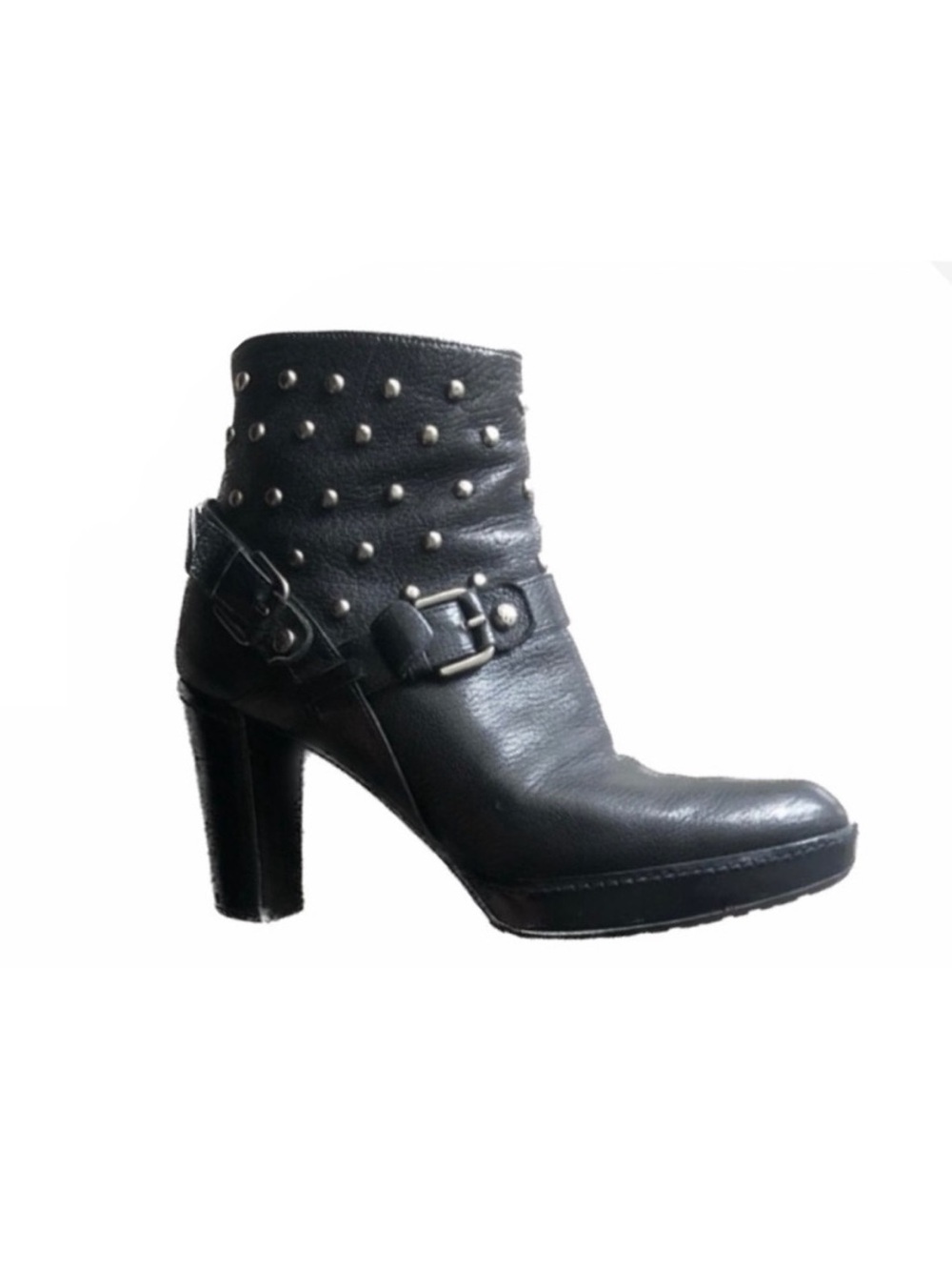 Stuart Weitzman Silver Metal Studded Genuine Black Leather Heeled Ankle Boots